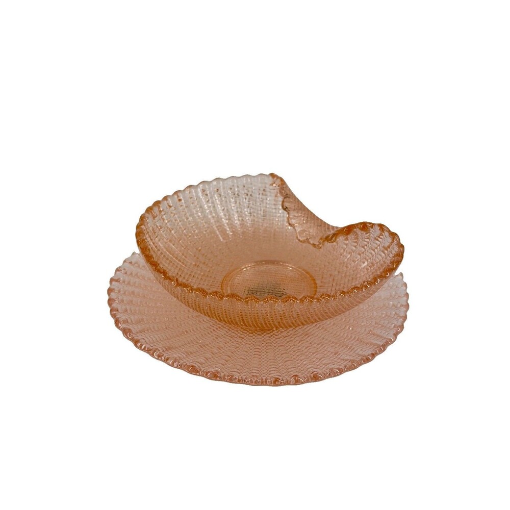 Vintage Toscany Neapolitan Italy Pink Glass Crimped Bowl & Underplate W/STICKER